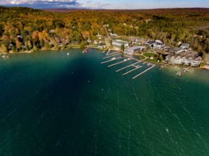 Autumn season and fall colors at Walloon Lake Village located on the shores of Walloon Lake in Northern Michigan