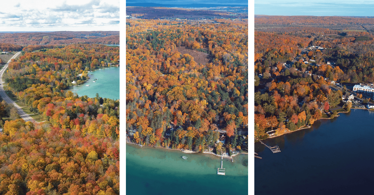 3 aerial photos of Walloon Lake in the fall
